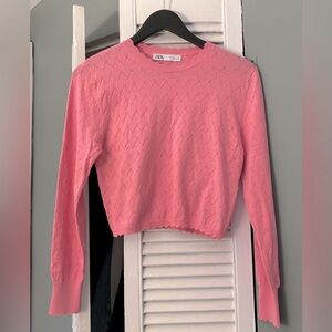 Zara Pink Pointelle Scalloped Edge Long Sleeve Top Large
